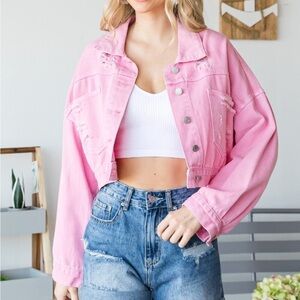Pink Distressed Denim Jacket